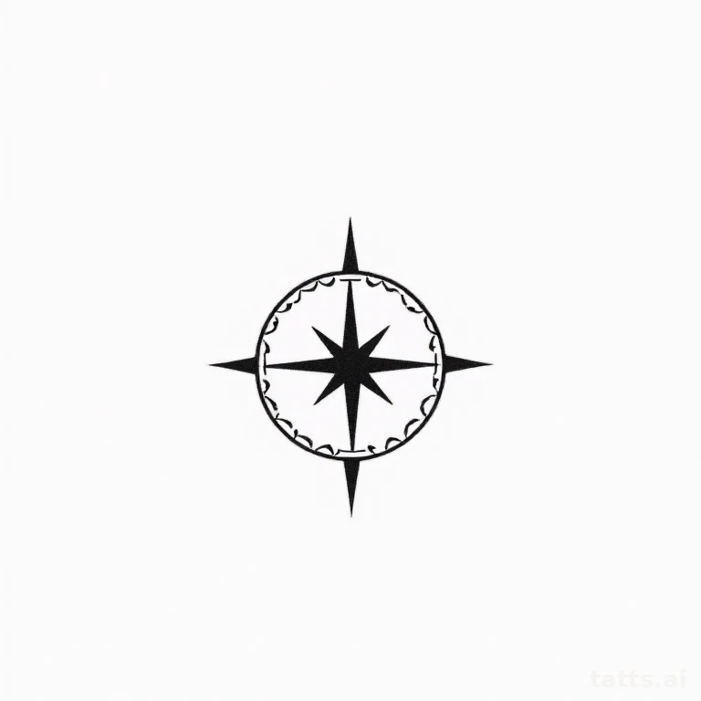 Tattoo design: small compass rose ankle tattoo design, minimalist geometric style, clean bold b