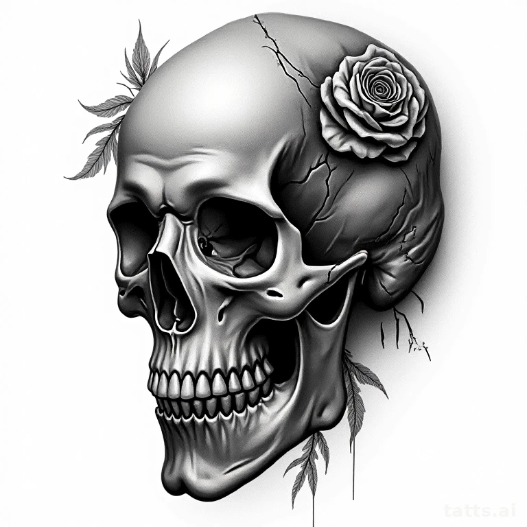 Tattoo design: detailed skull with roses backpiece tattoo design, realism style, black and grey