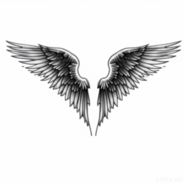 Tattoo design: angel wings spanning shoulder blades tattoo design, fine-line realism style, del