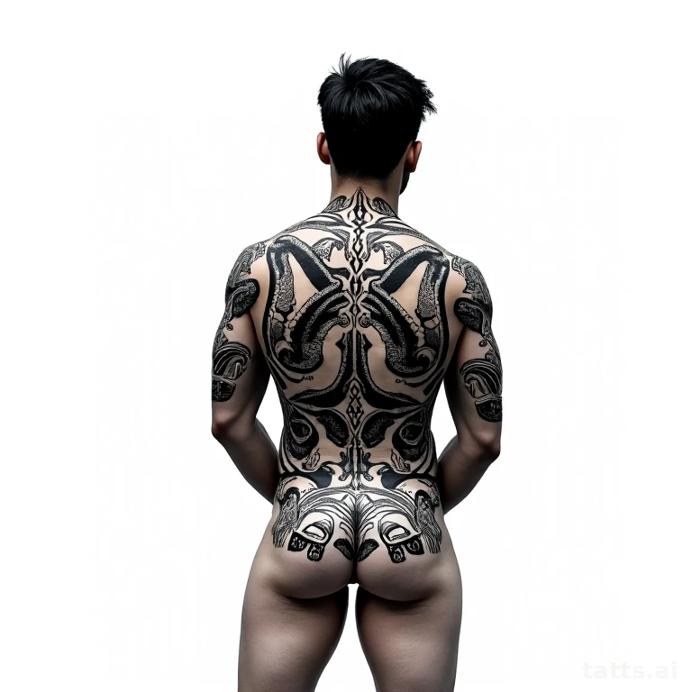 Tattoo design: tribal Polynesian full back composition tattoo design, bold solid black pattern,