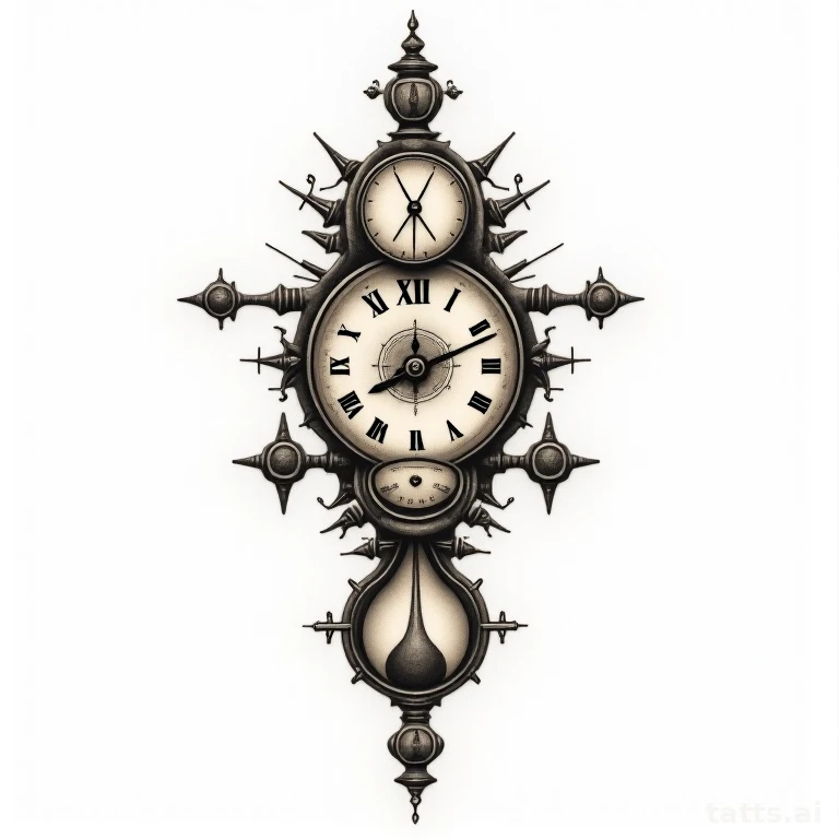 Tattoo design: large clock and hourglass backpiece tattoo design, neo-traditional style, bold l