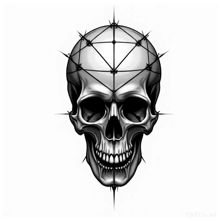 Tattoo design: skull with geometric pattern forearm tattoo design, blackwork style, solid black