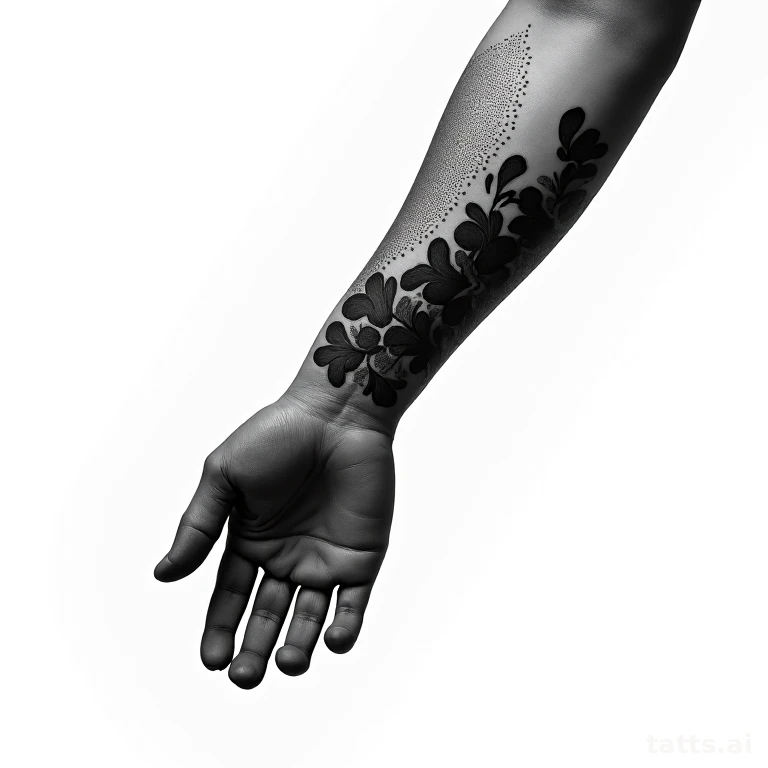 Tattoo design: dense dotwork and solid black hybrid forearm tattoo design, blackwork style, hig