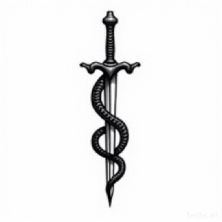 Tattoo design: snake wrapped around dagger tattoo design, blackwork style, solid bold black ink