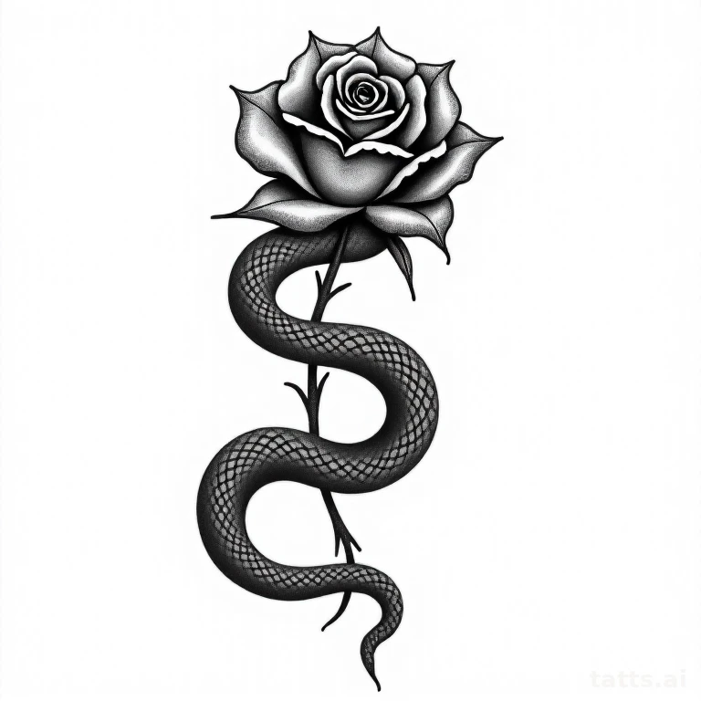 Tattoo design: snake coiled around rose tattoo design, blackwork style, solid black ink with de