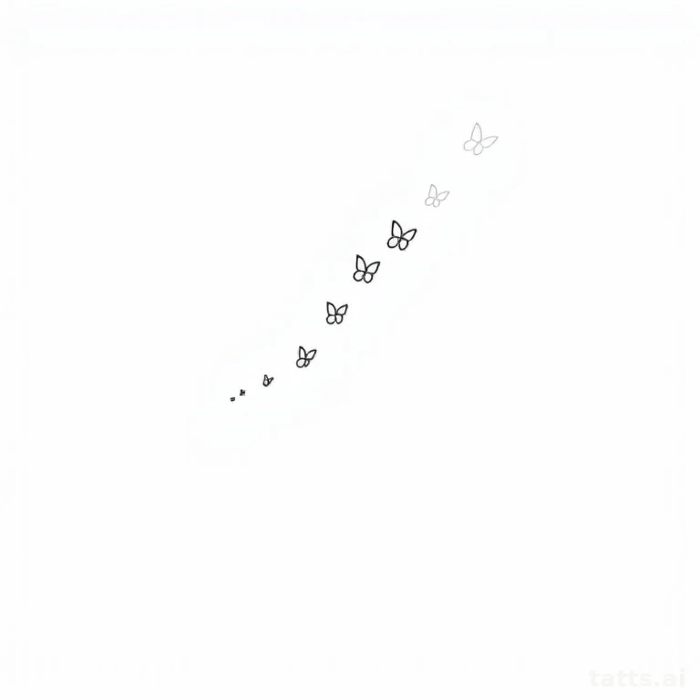 Tattoo design: Trail of five butterflies decreasing in size in a curved line, minimalist fine-l