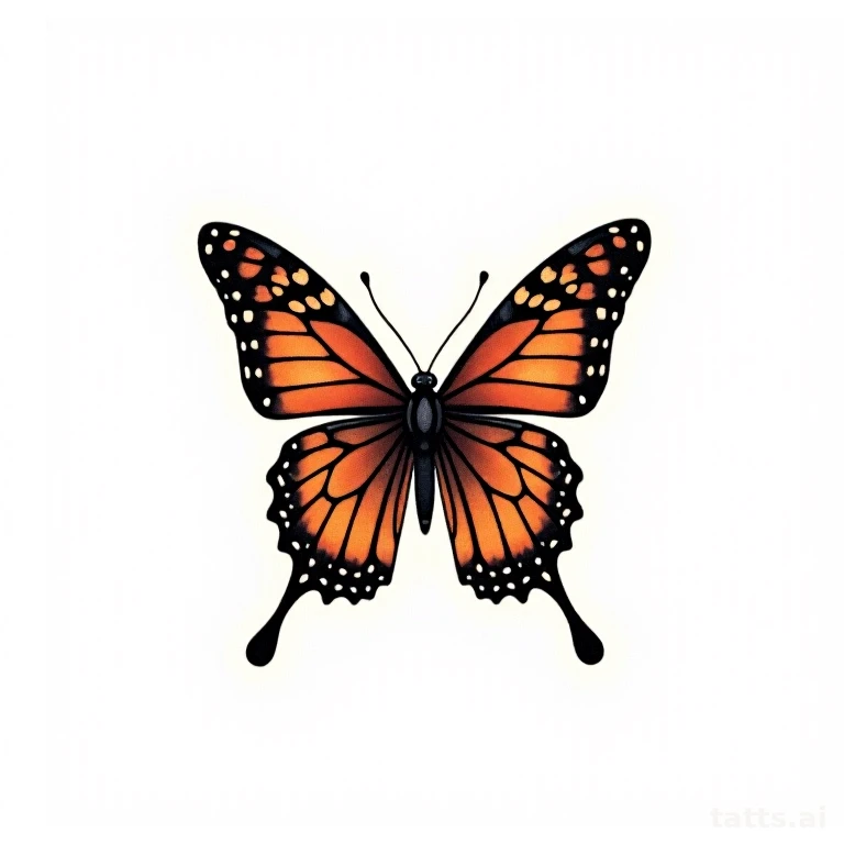 Tattoo design: Neo-traditional butterfly with bold outline and floral wing details, clean jewel