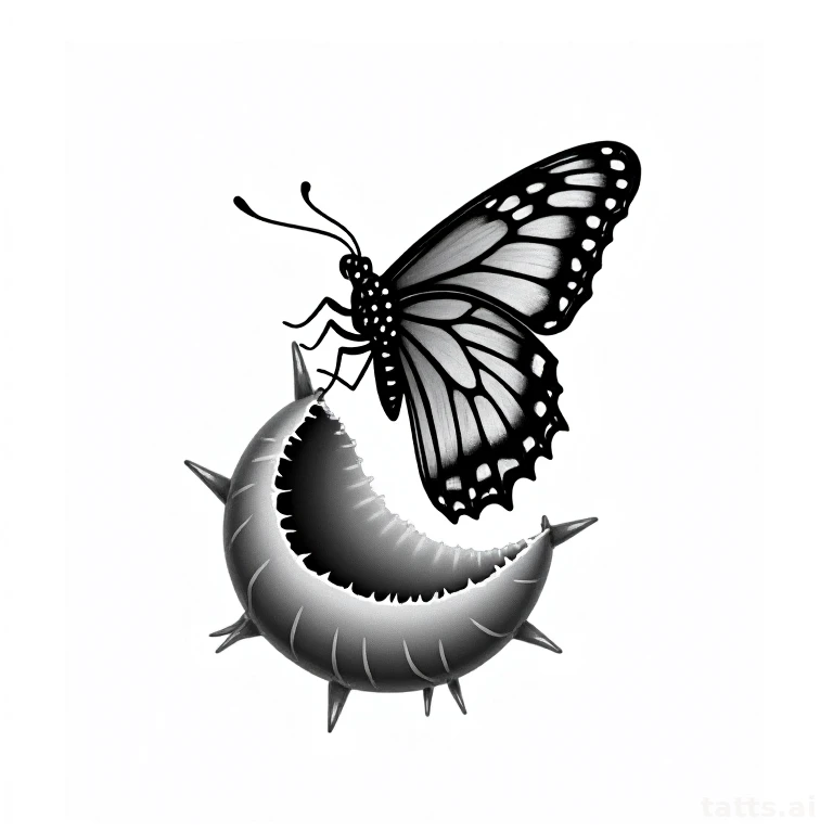 Tattoo design: Butterfly emerging from a cracked chrysalis, illustrative transformation design,