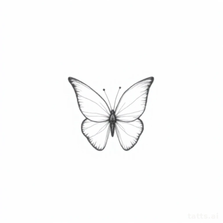 Tattoo design: Single tiny minimalist butterfly outline, delicate continuous line, clean black
