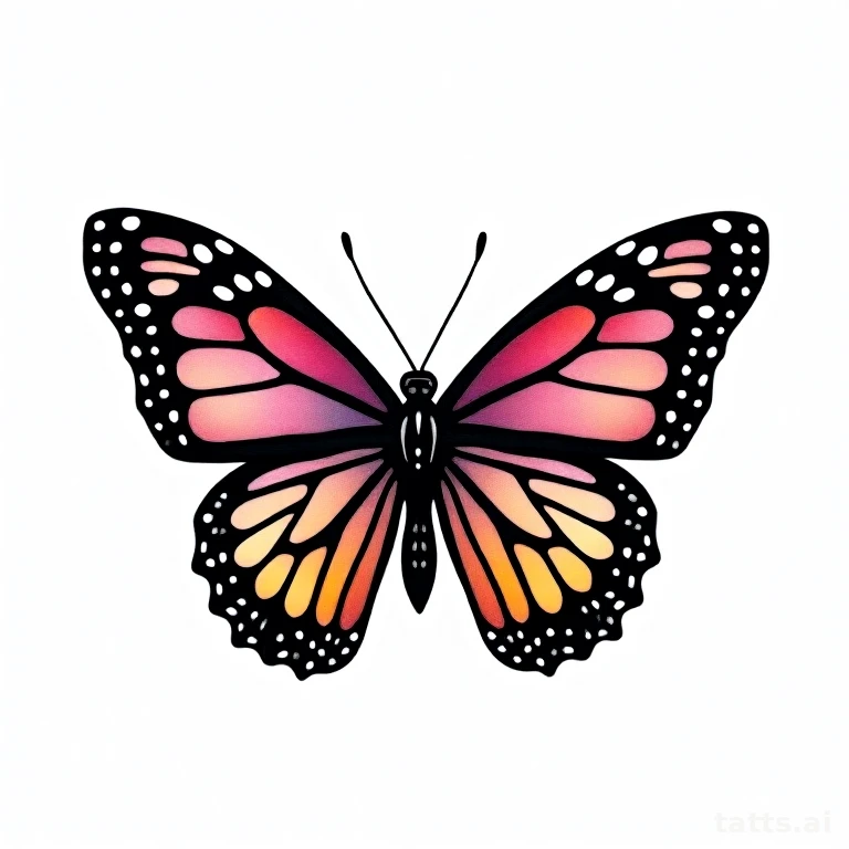 Tattoo design: Butterfly composed of stained-glass style segmented color panels, clean bold bla