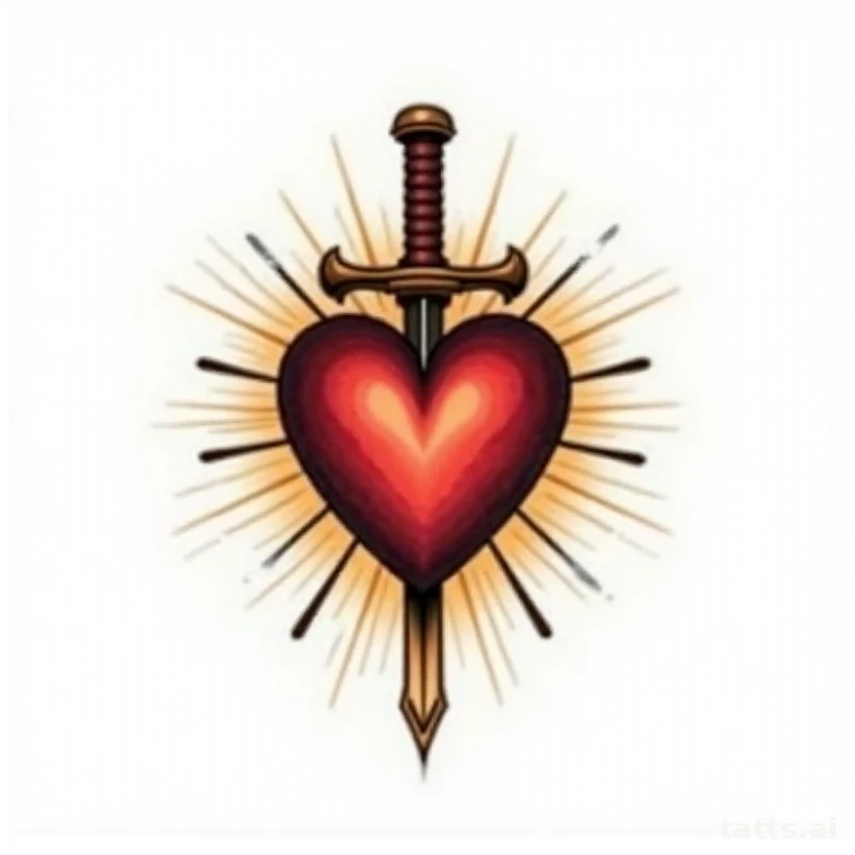Tattoo design: sacred heart with dagger chest tattoo design, traditional style, bold outlines w