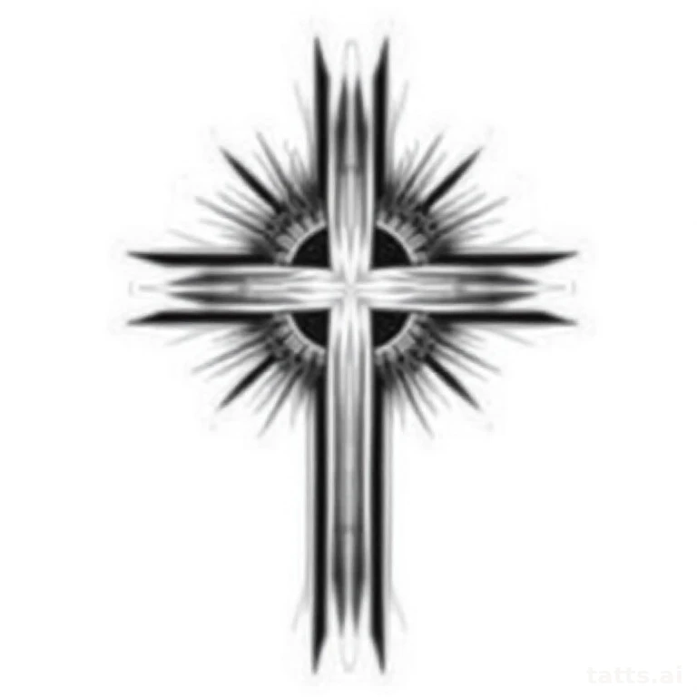 Tattoo design: large cross with radiant beams chest piece tattoo design, blackwork style, solid