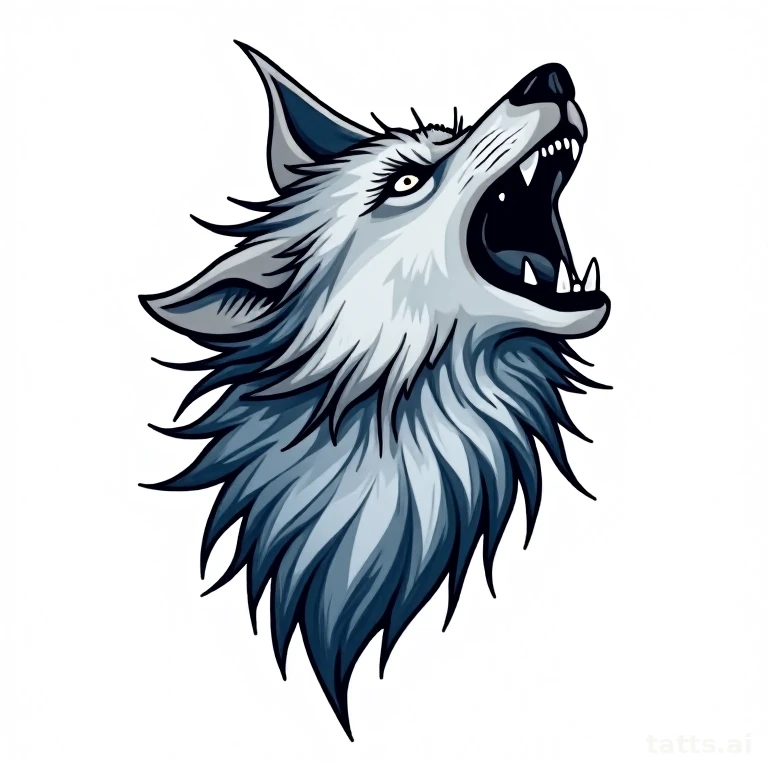 Tattoo design: wolf howling chest piece tattoo design, neo-traditional style, bold linework wit