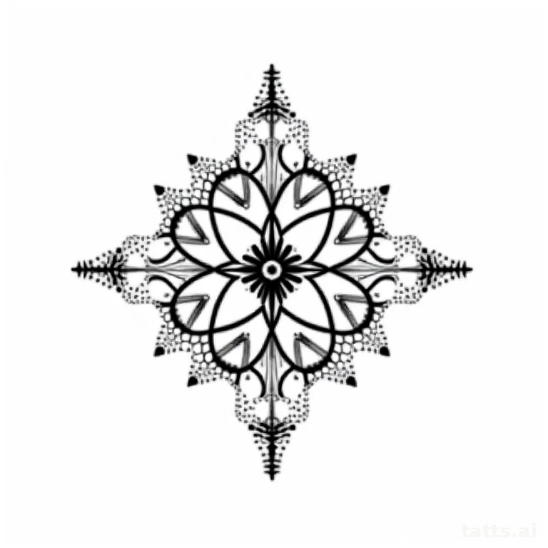 Tattoo design: geometric mandala centerpiece chest tattoo design, precise dotwork style, clean 
