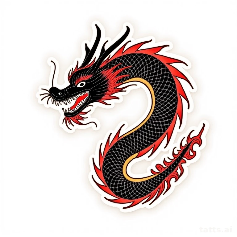 Tattoo design: Japanese dragon coiling across chest tattoo design, irezumi style, bold black ou
