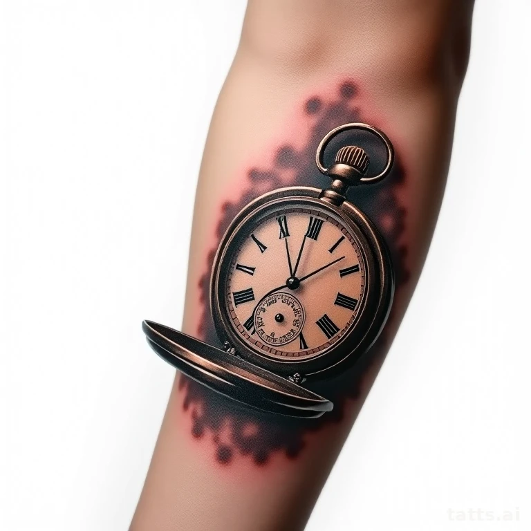 Tattoo design: realistic pocket watch forearm tattoo design, open case showing gears, brass and