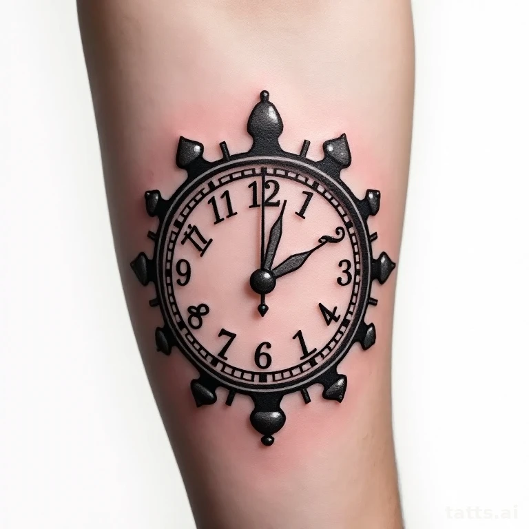 Tattoo design: clock face forearm tattoo design, stopped hands at meaningful time, fine metal s