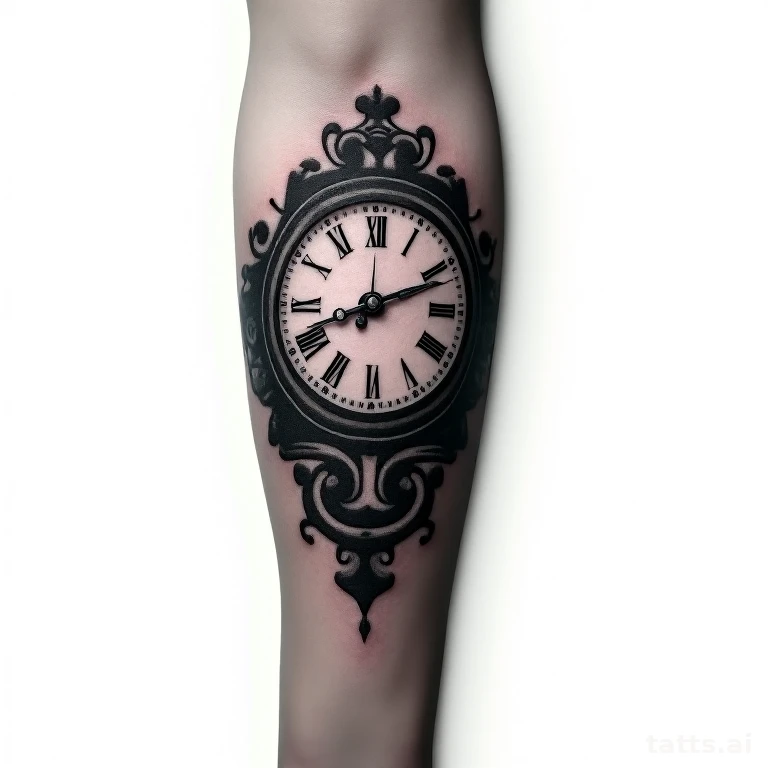 Tattoo design: broken clock forearm tattoo design, cracked glass overlay, dramatic shadow contr