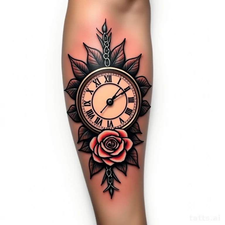 Tattoo design: clock and rose forearm tattoo design, chain wrapped around bloom, warm brass ton