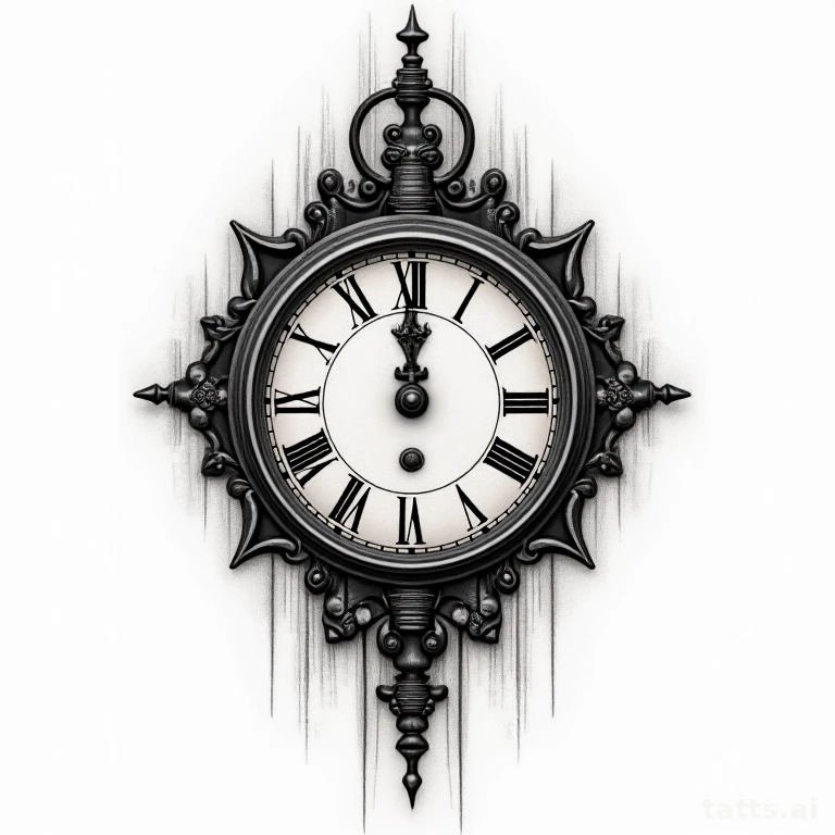 Tattoo design: vintage clock forearm tattoo design, Roman numerals, wood grain background textu
