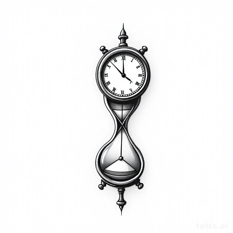Tattoo design: clock and hourglass forearm tattoo design, time passage theme, fine detailed lin