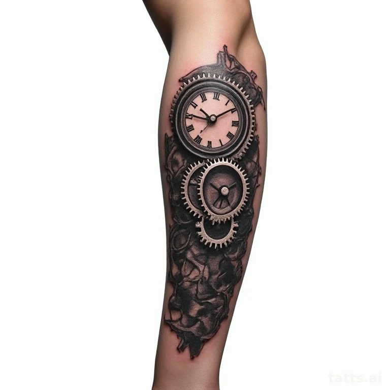 Tattoo design: clock gears forearm tattoo design, exposed mechanism running along limb, enginee