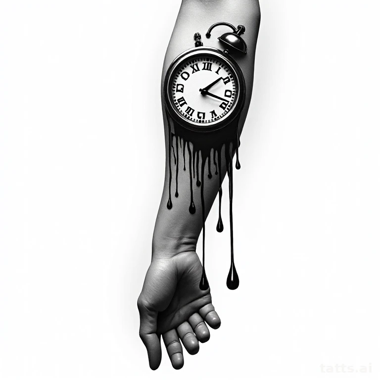 Tattoo design: melting clock forearm tattoo design, surreal dripping metal effect, dramatic com