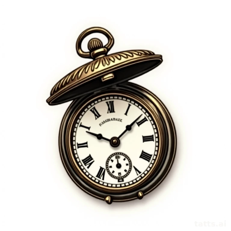 Tattoo design: Ornate pocket watch with open cover and Roman numerals, neo-traditional bold lin