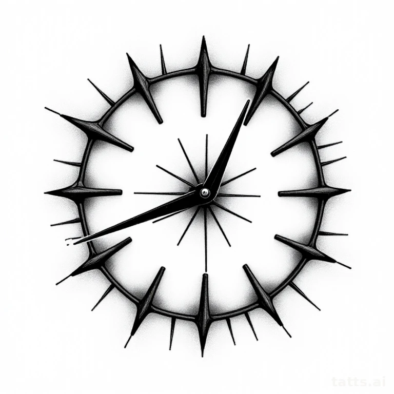 Tattoo design: Broken clock face with cracked glass and bent hands, illustrative blackwork styl