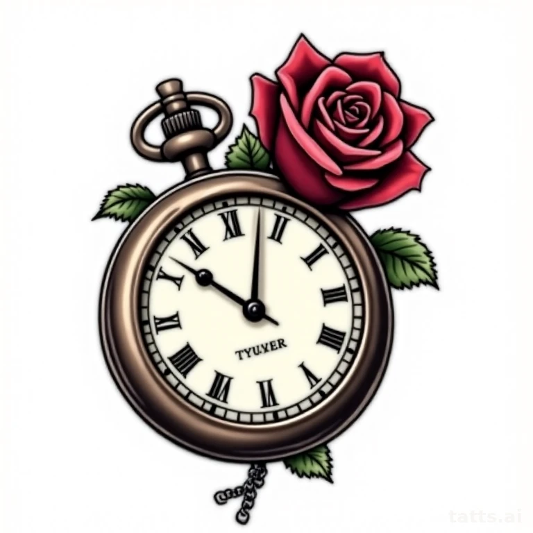 Tattoo design: Pocket watch with chain wrapped through a rose, traditional American bold outlin