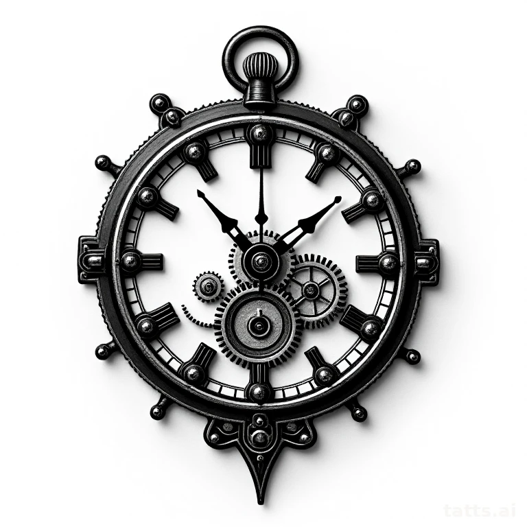 Tattoo design: Steampunk clock with exposed gears and cogs, blackwork mechanical style, clean s