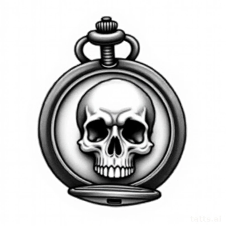 Tattoo design: Pocket watch open to reveal a skull face inside, dark illustrative memento mori