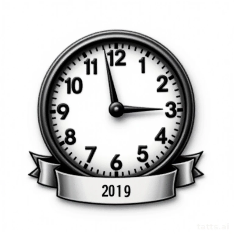 Tattoo design: Clock face stopped at a specific time with small banner beneath for a date, real