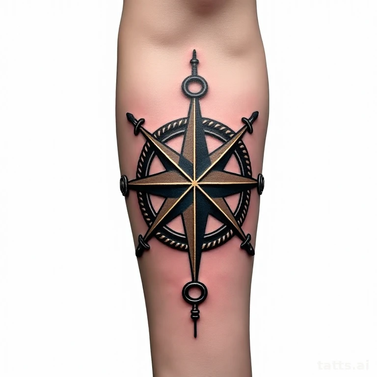 Tattoo design: nautical brass compass forearm tattoo design, detailed metal shading, rope borde