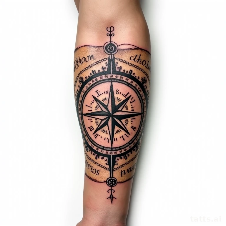 Tattoo design: compass and map forearm tattoo design, coordinates lettering, weathered paper te