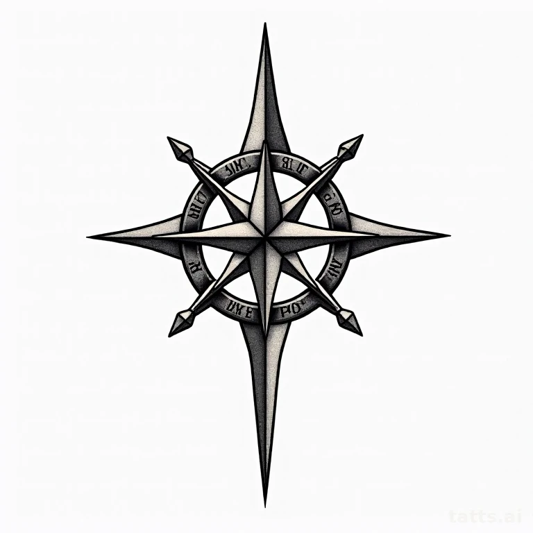 Tattoo design: traditional compass rose forearm tattoo design, bold outline flat color, cardina