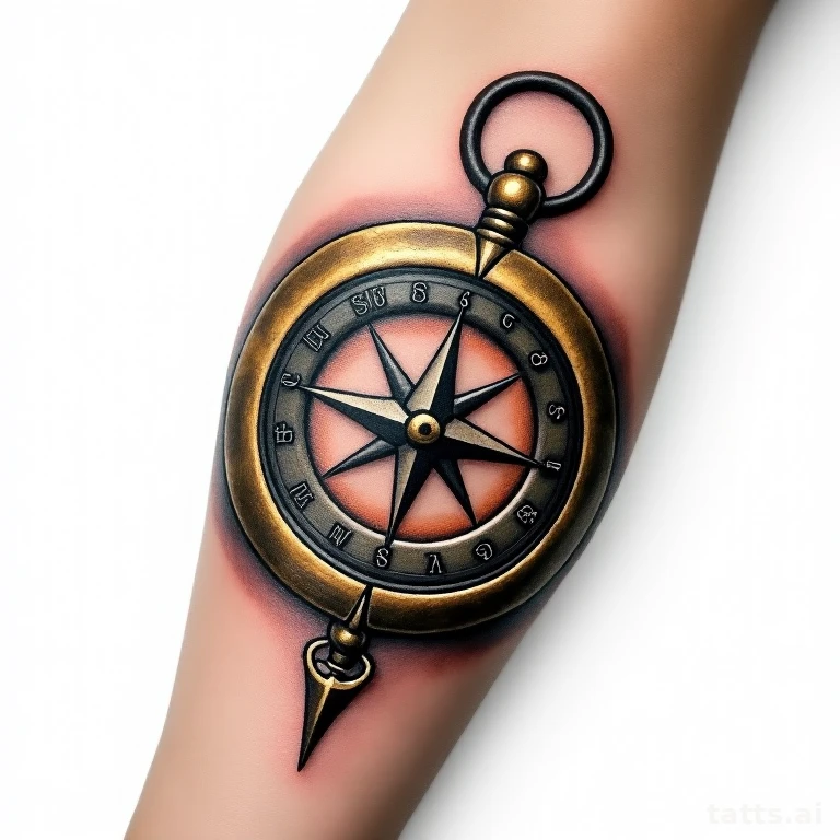 Tattoo design: realistic antique compass forearm tattoo design, weathered brass texture, reflec
