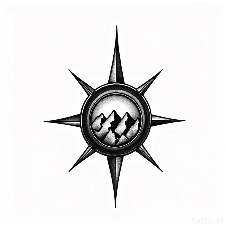 Tattoo design: compass and mountain range forearm tattoo design, adventure travel theme, bold c