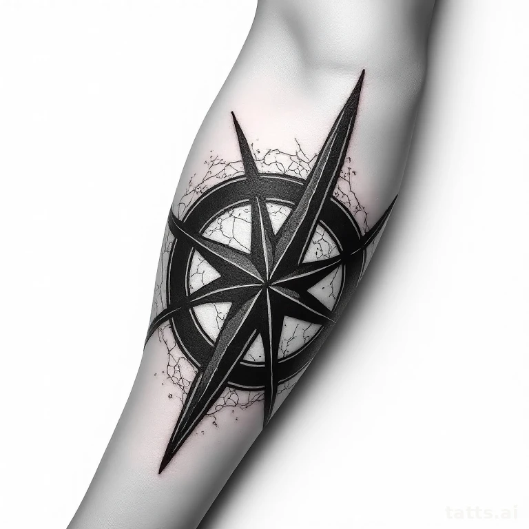 Tattoo design: broken compass forearm tattoo design, cracked glass overlay, dramatic shadow sha