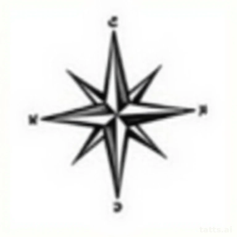 Tattoo design: Classic nautical compass rose with intact needle pointing north, bold blackwork