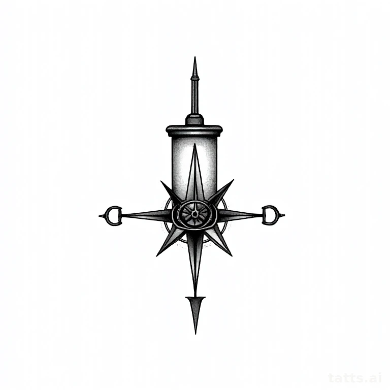 Tattoo design: Broken compass with cracked glass and bent needle, illustrative fine-line style,