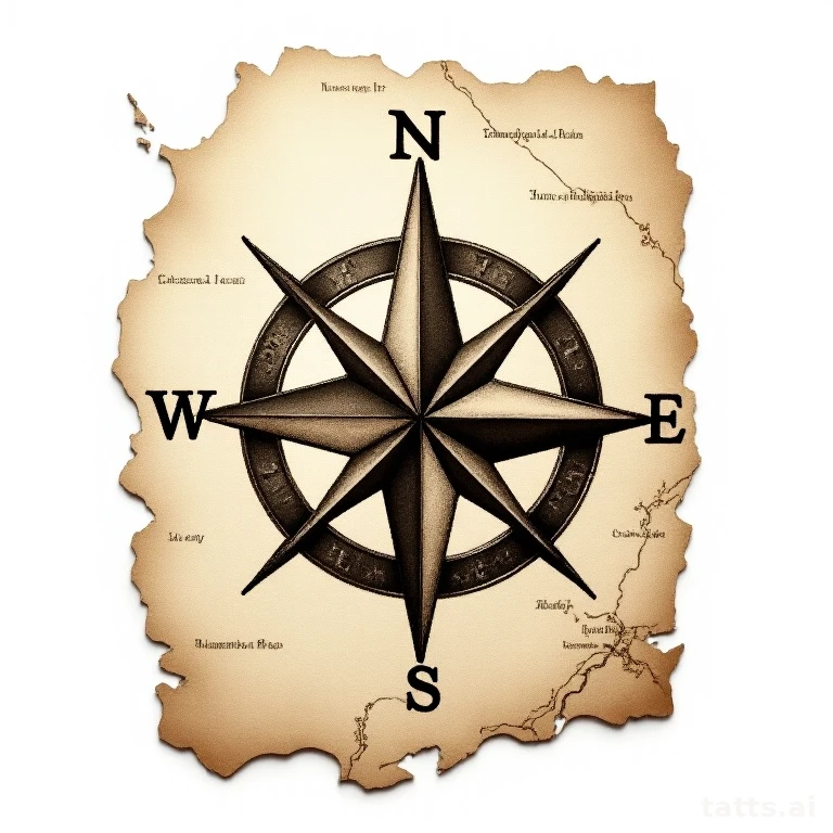 Tattoo design: Compass rose overlaid on a fragment of vintage map, fine-line detailed style, cl