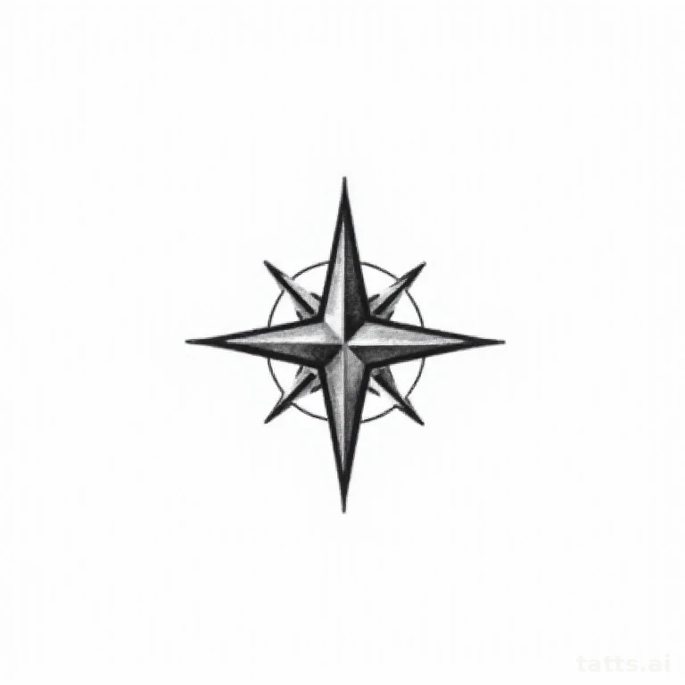 Tattoo design: Small minimalist compass with simple cardinal point markers, delicate single-lin