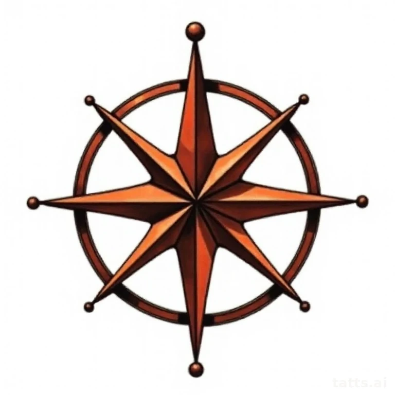 Tattoo design: Compass rose with ship's wheel intertwined, neo-traditional bold color treatment