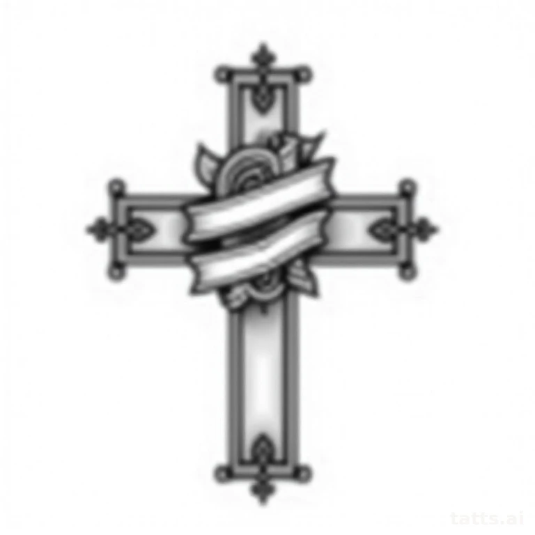 Tattoo design: traditional cross shoulder tattoo design, bold outline with banner and rose, cla