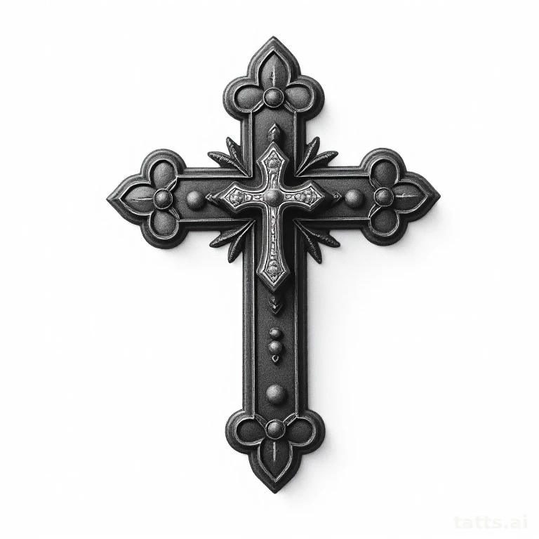Tattoo design: ornate cross shoulder tattoo design, rosary beads draped, detailed stone texture