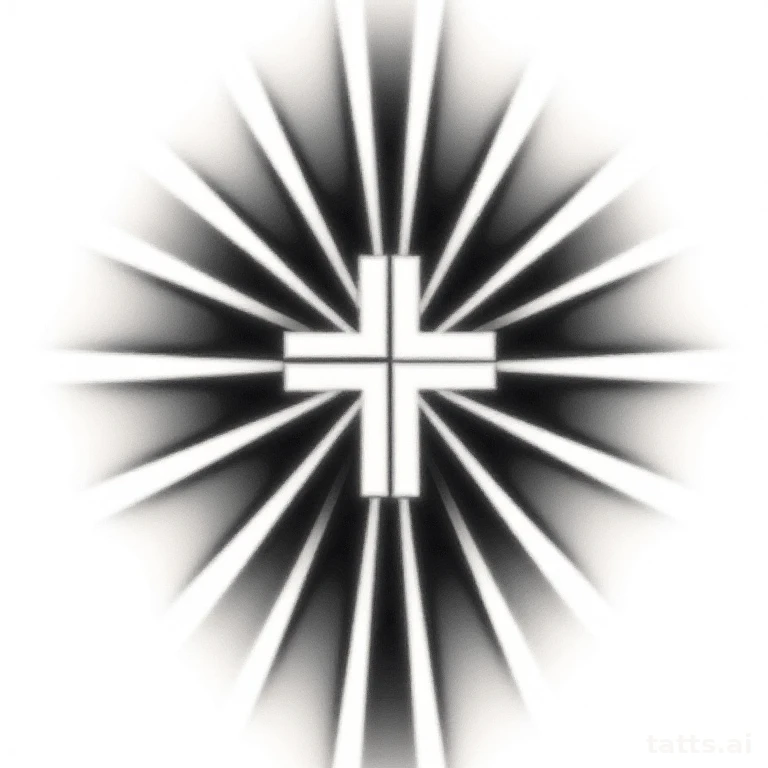 Tattoo design: cross with rays of light shoulder tattoo design, dramatic radiating beams, bold