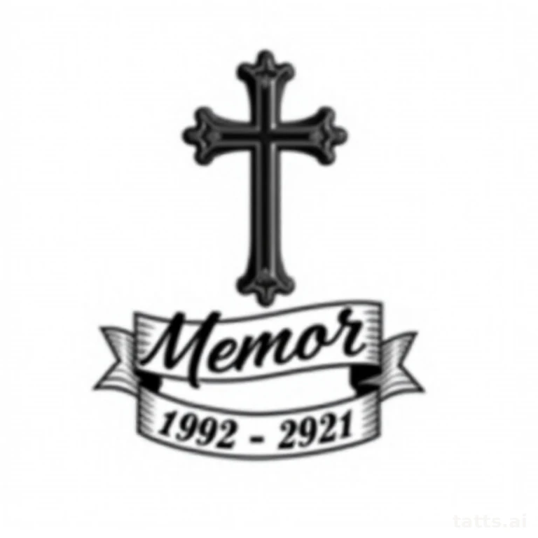 Tattoo design: memorial cross shoulder tattoo design, name and date banner beneath, classic let