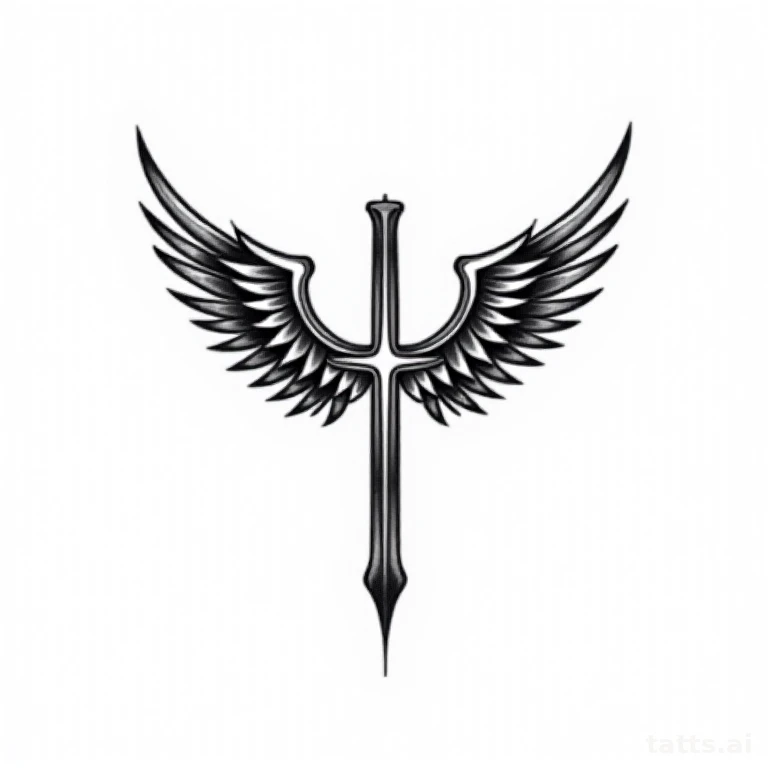 Tattoo design: cross and wings shoulder tattoo design, symmetrical composition, bold outline sh