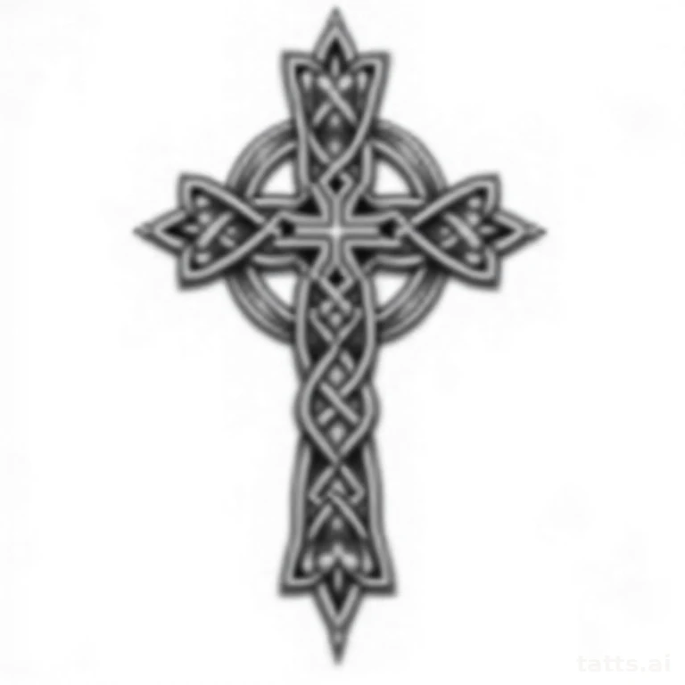 Tattoo design: Celtic cross with intricate interlocking knotwork ring, bold blackwork linework,